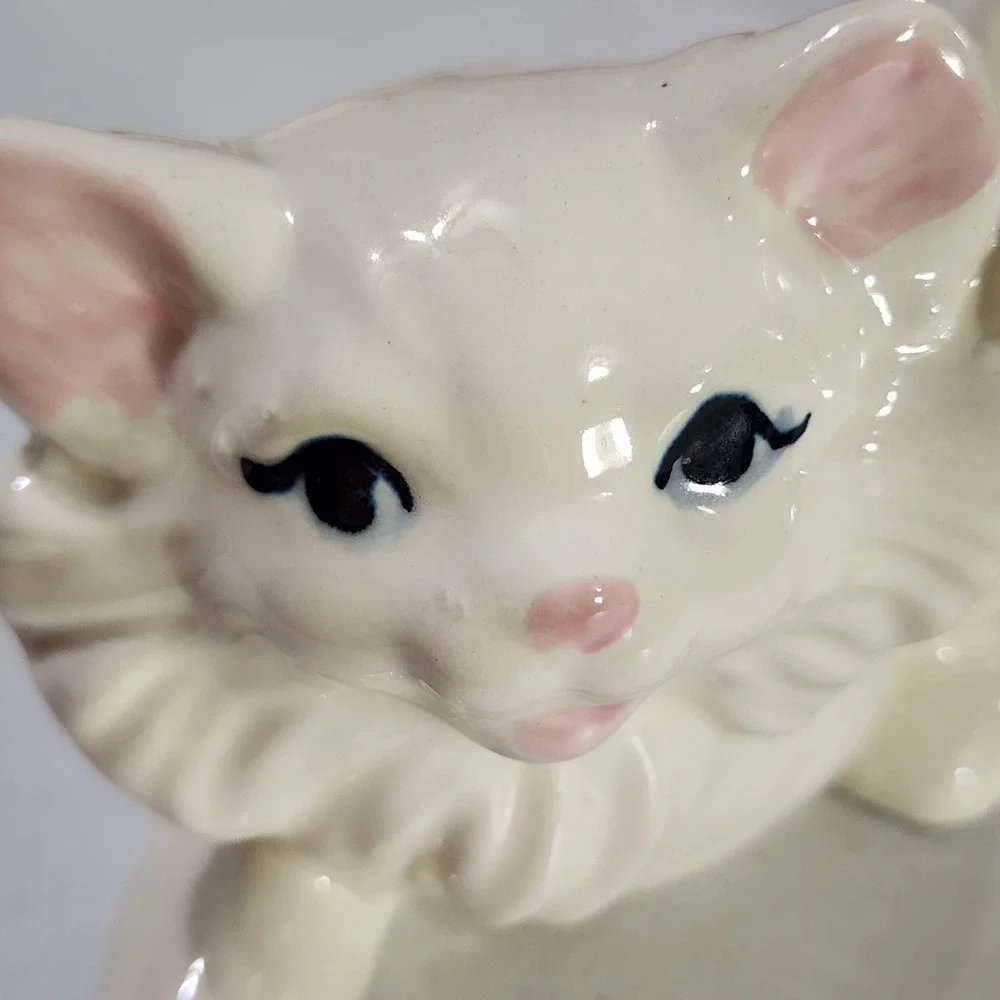 Vintage White Ceramic Kitten Figurine Playful Pouncing Cat Blue Eyes